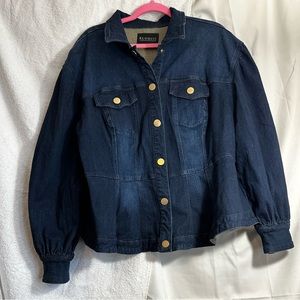 Eloquii peplum puff sleeved denim jacket.